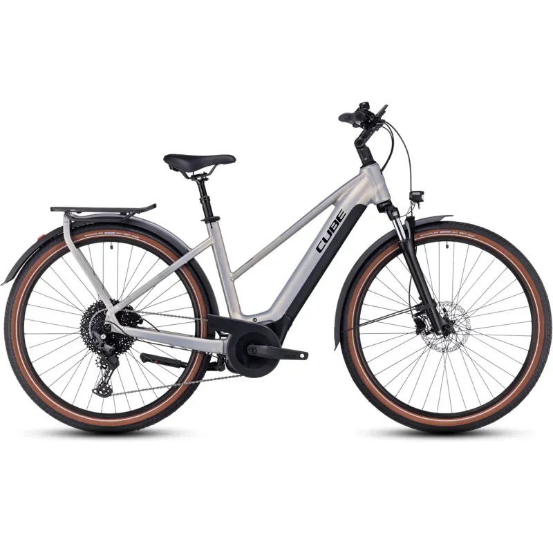 Cube Touring Hybrid Pro 625 Trapeze Trekking Electric Bike in Pearly Silver