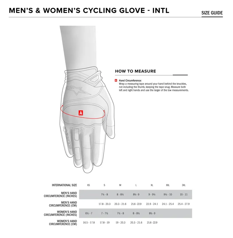 Alpinestars Glove Sizing