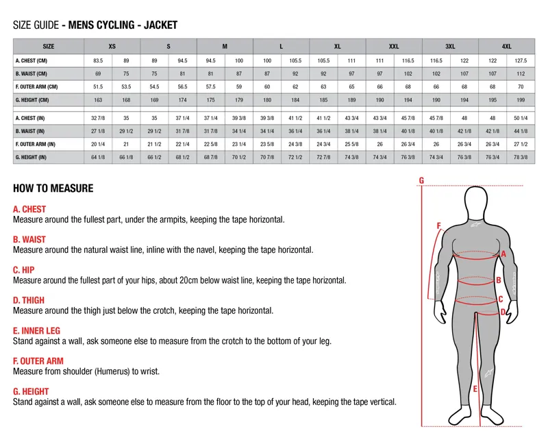 Alpinestars Men's Jacket Sizing