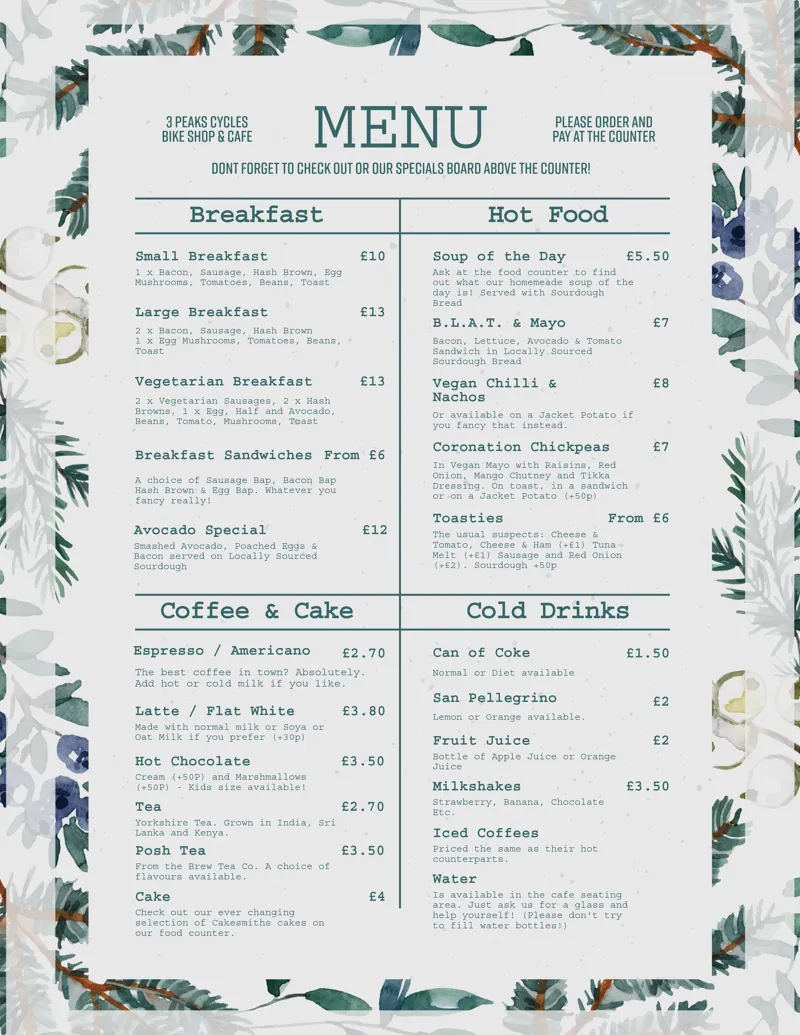 3 Peaks Cafe Menu