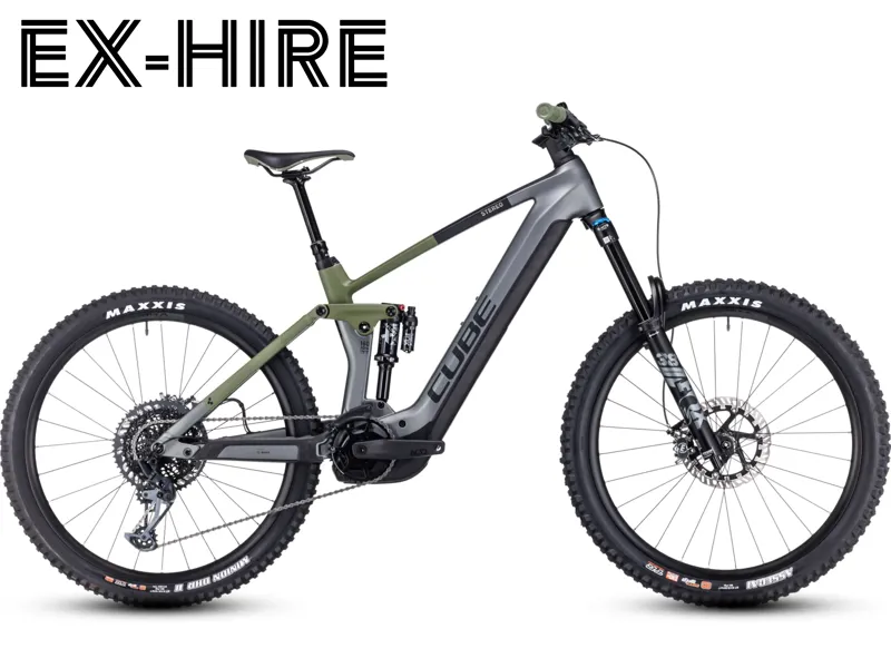 Cube Stereo Hybrid 160 HPC TM 750 Electric Mountain Bike in Grey and Olive Green - Ex-Hire