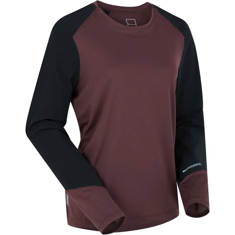 Madison Flux Women's Long Sleeve Trail Jersey in Fig Red and Black-1