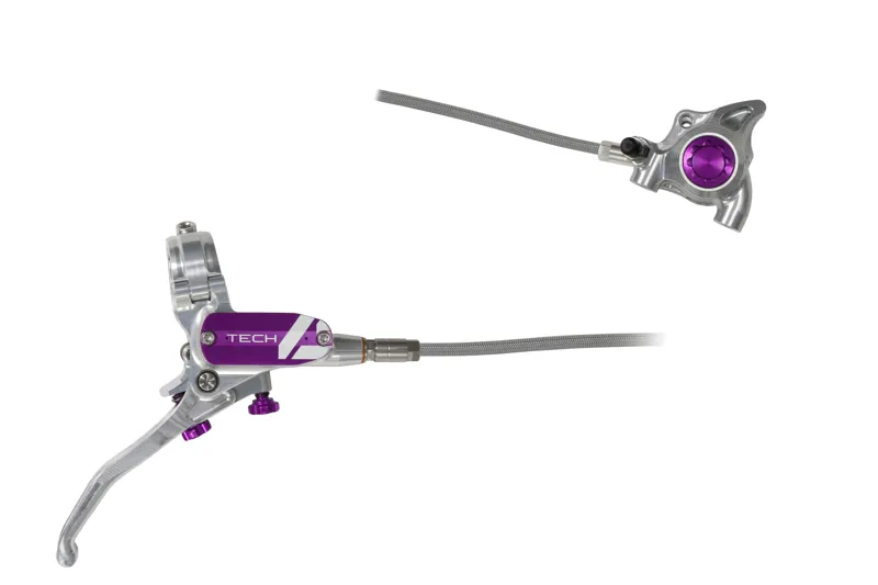Hope Tech 4 X2 Brakes - Flatmount - Silver/Purple - BRAIDED-1